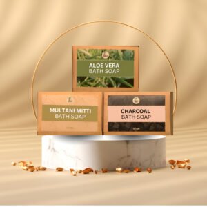 Aloe Vera Soap & Multhani Mitti Soap & Charcoal Soap.
